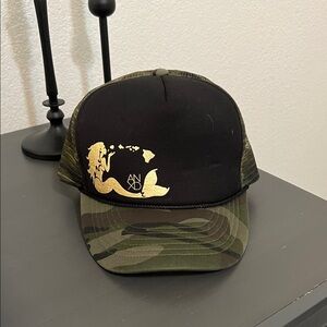 Black and Camouflage Trucker Hat with Gold Design